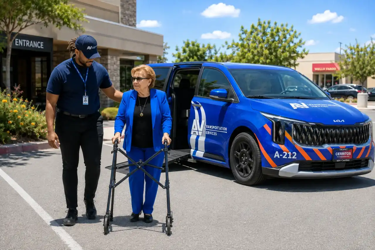 An AV Transportation Services driver assisting an ambulatory passenger beside an accessible vehicle