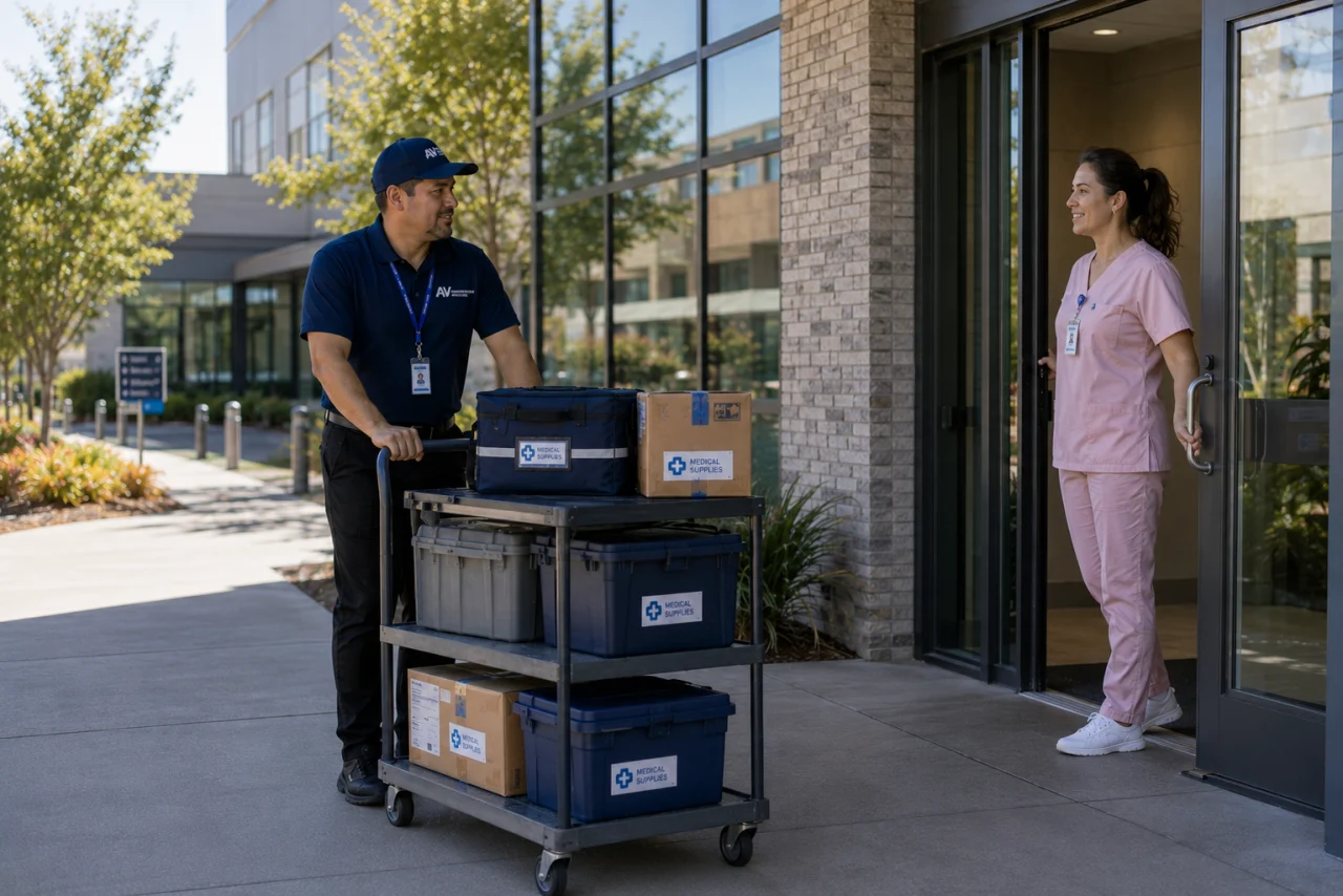 An AV Transportation Services courier delivering medical supplies to a healthcare facility