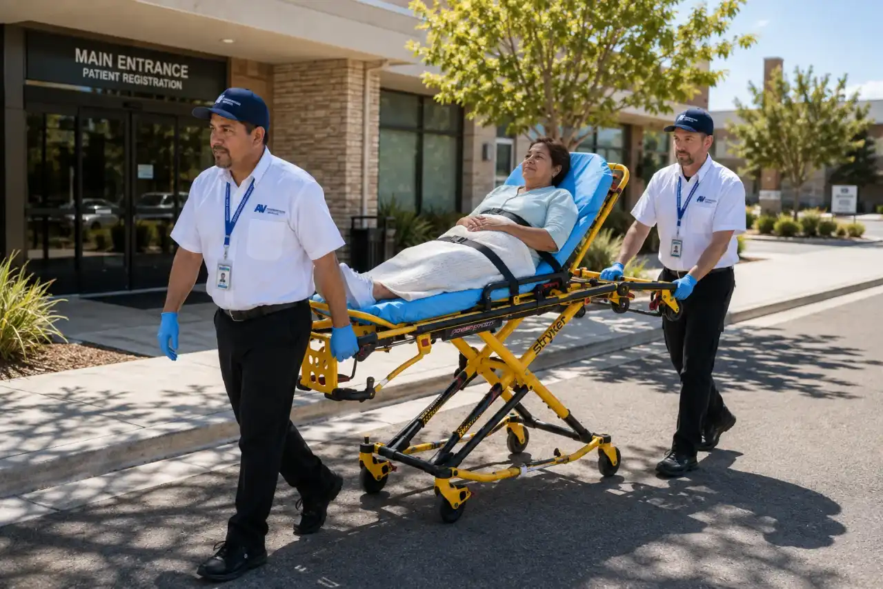 AV Transportation Services professionals transporting a passenger safely on a stretcher