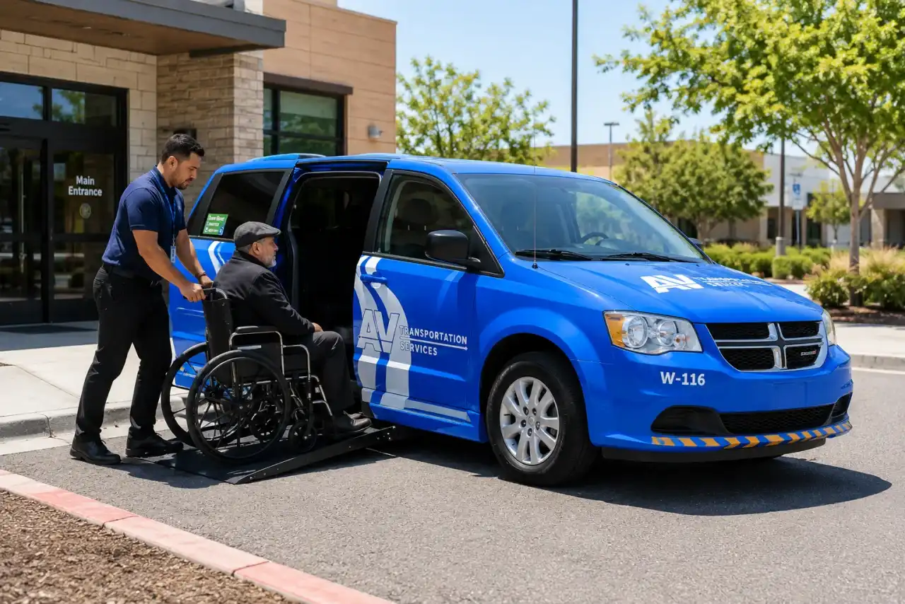 An AV Transportation Services driver assisting a wheelchair passenger onto a vehicle ramp
